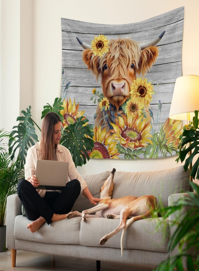 HUGANE Farmhouse Highland Cow Sunflower Tapestry, Rustic Sunflower Country Scottish Cow Wall Tapestries, Cute Highland Cattle Hanging Wall Decor for Bedroom Living Room Home, 50x60 Inch - Image 3